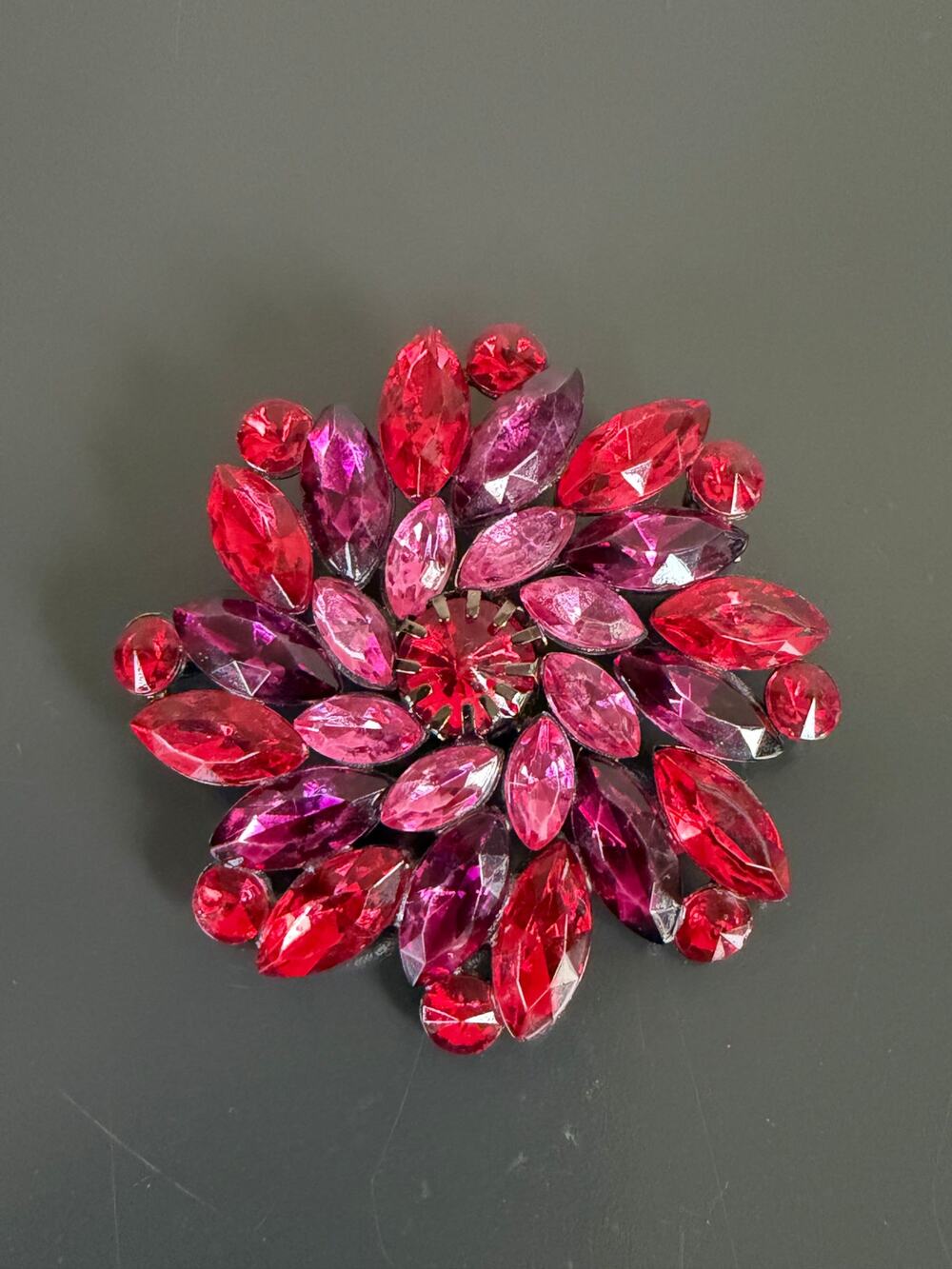 Vintage Red Pink Rhinestone Flower Brooch Mid Century Marquise Dome Floral Pin